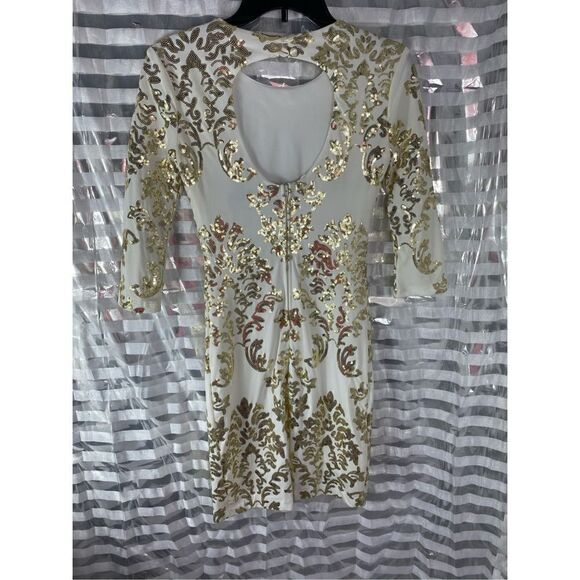 B Darlin Gold/Ivory Sequin Cutout Bodycon Dress - Picture 4 of 6
